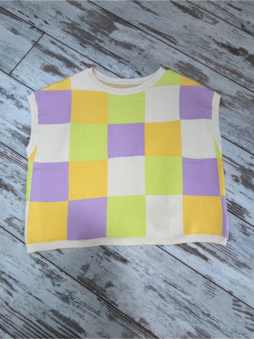 Pastel Checkerboard Knit Sweater Vest Womens Small Lavender Lime Yellow NWOT - Picture 2 of 8